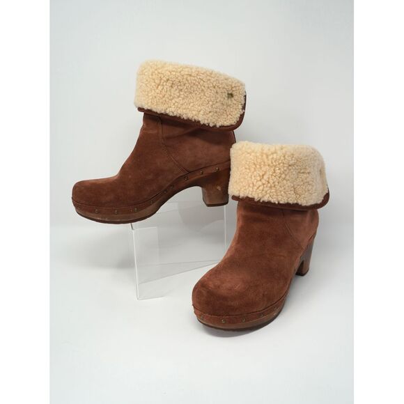 Ugg Lynnea Suede and Shearling Wooden Sole Clog Boots Red Wood Color - Picture 7 of 9